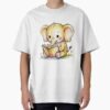 Cute baby elephant in soft butter yellow, sitting and reading an open book — graphic tee