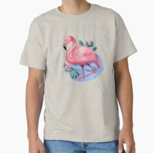 Pink flamingo on lake sticker — graphic tee