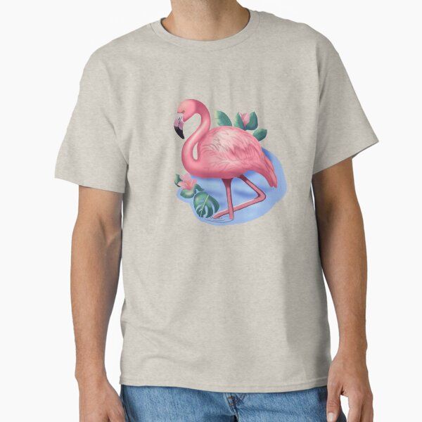 Pink flamingo on lake sticker — graphic tee