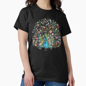 watercolor Peacock surrounded by flowers feathers — graphic tee